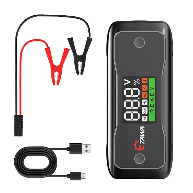 The complete K70 jump starter kit, including the 40,000mAh power bank, smart jumper clamps, and a USB charging cable.