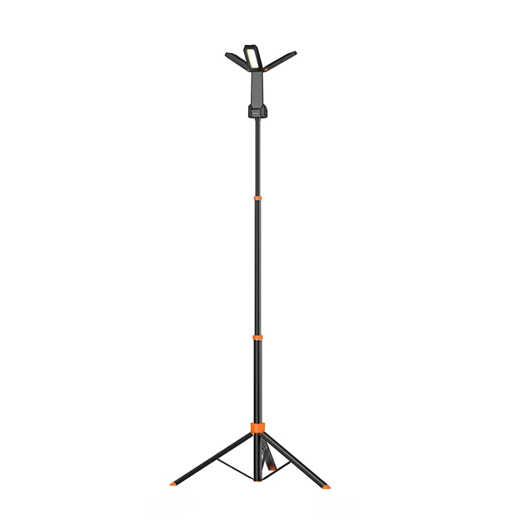 The complete OPTILUME TRP-05 rechargeable work light, extended to its full 1.94-meter height, providing powerful, adjustable light anywhere without needing wires.