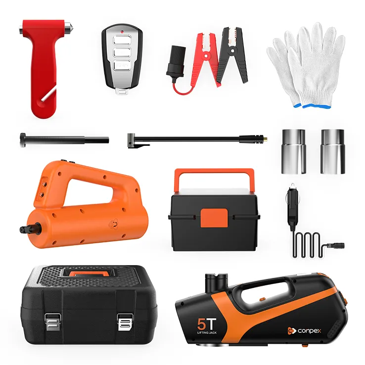 The complete OPTILUME B02-5T emergency car rescue kit, providing everything needed for a roadside tire change: a 5T electric jack, impact wrench, air pump, and safety accessories, all organized in a rugged case.