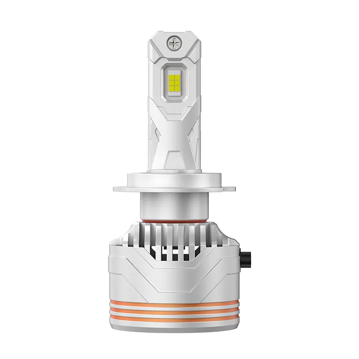 A front view of the EV1 LED headlight bulb, showing its 3570 high-performance LED chips and the white heatsink with orange accent rings.