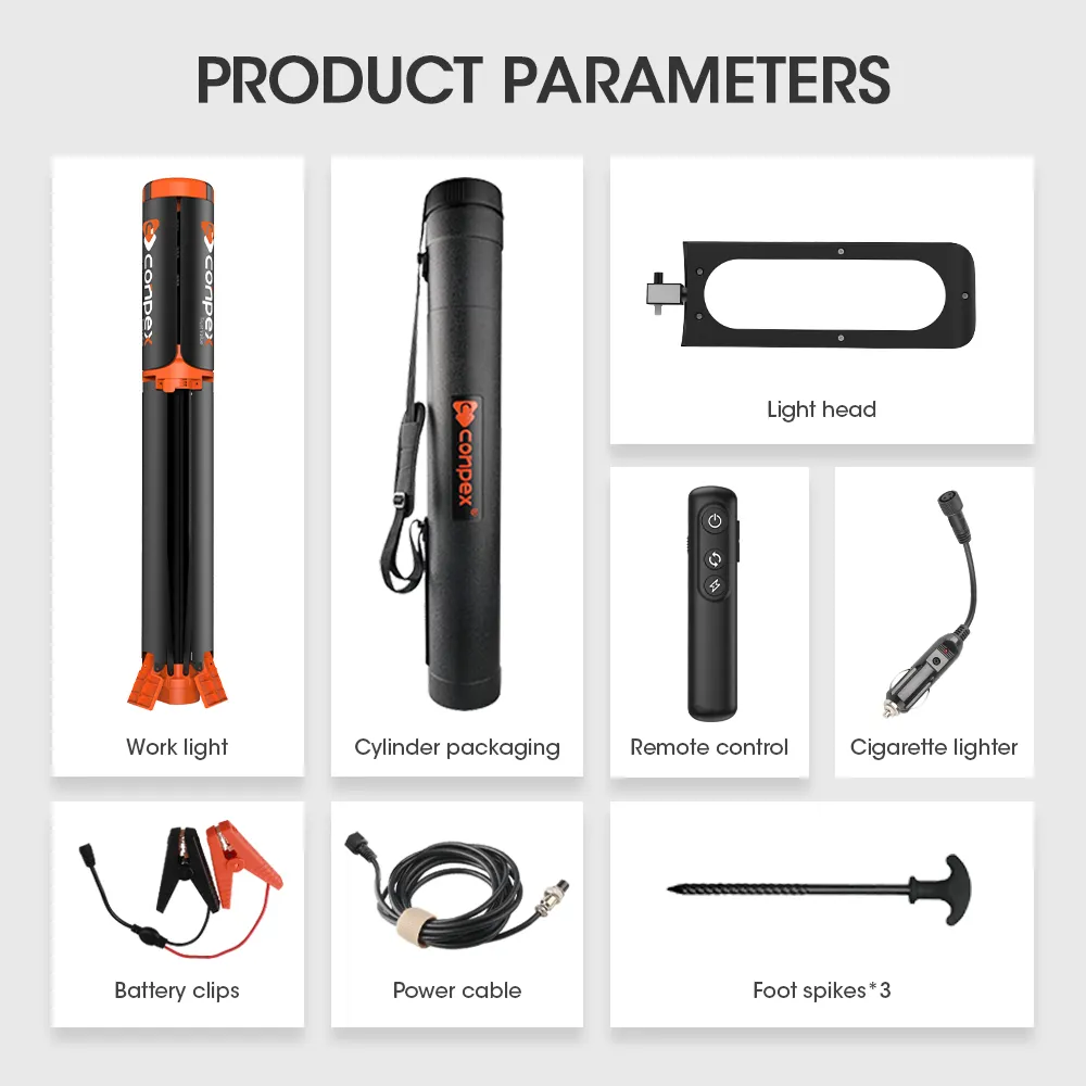 The complete TRP-01 portable lighting kit, showing everything included for any situation: the light, a protective travel case, remote, cigarette lighter and battery clip power options, and ground spikes for stability.