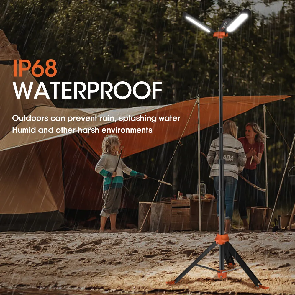 The rugged, IP68 waterproof OPTILUME TRP-01 work light providing reliable illumination at a rainy campsite, proving its ability to withstand harsh weather conditions.