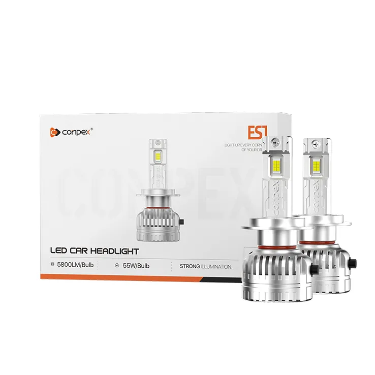The complete OPTILUME ES1 LED car headlight kit, including a pair of bulbs and the product box stating the 5800LM and 55W per bulb specs