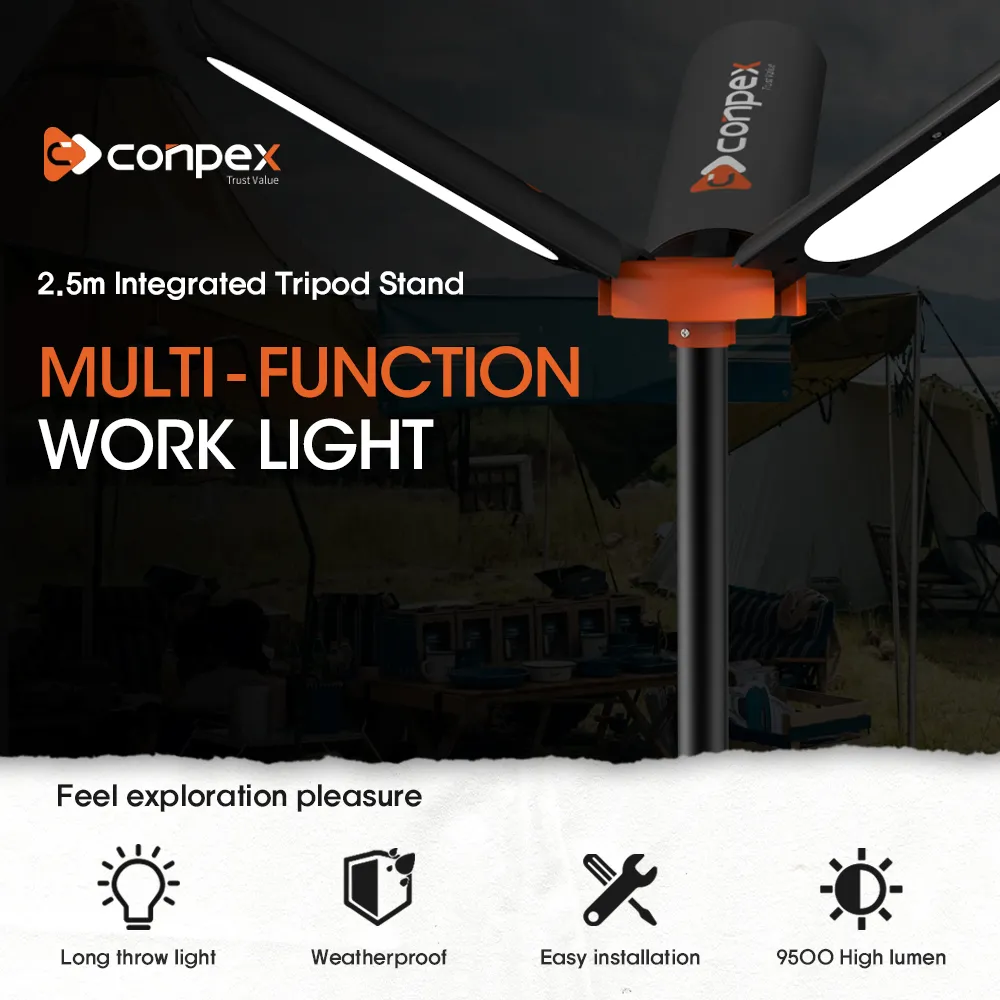 A promotional graphic for the OPTILUME TRP-01 work light, showcasing its 2.5m integrated stand and its benefits for outdoor exploration like high lumen output and a weatherproof design.
