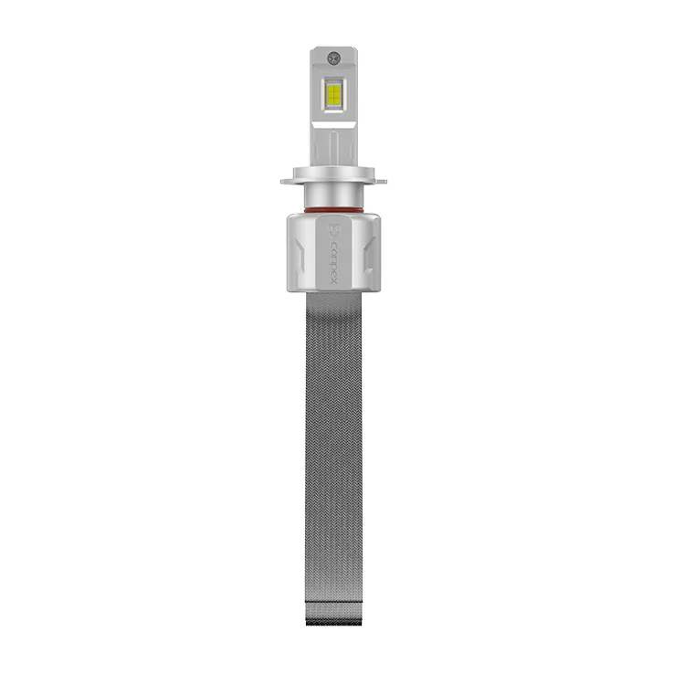 Side profile of the P2 LED headlight bulb with its cooling copper strips arranged in a straight, mesh-like band for compact installation.
