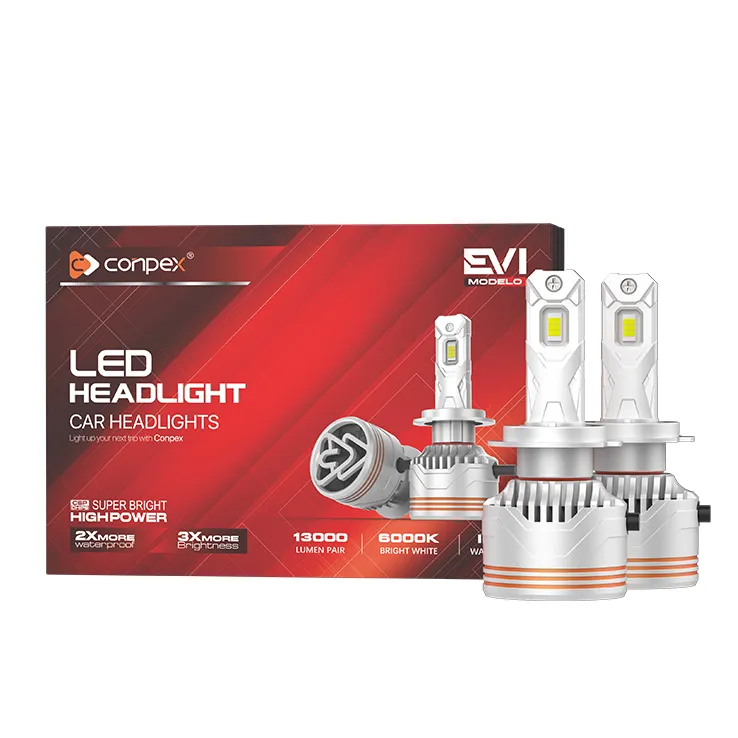 The complete OPTILUME EV1 LED car headlight kit, including a pair of bulbs and the branded product box advertising its 13,000-lumen output.