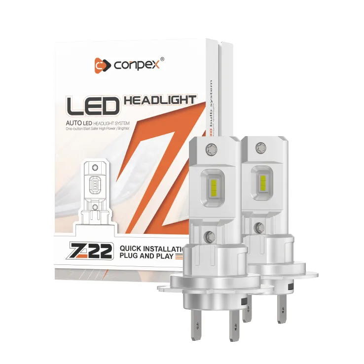 The OPTILUME Z22-H7 LED headlight kit, showcasing the simple, fanless bulbs designed for an easy plug-and-play installation to safely enhance night driving with 3000 lumens of bright white light.