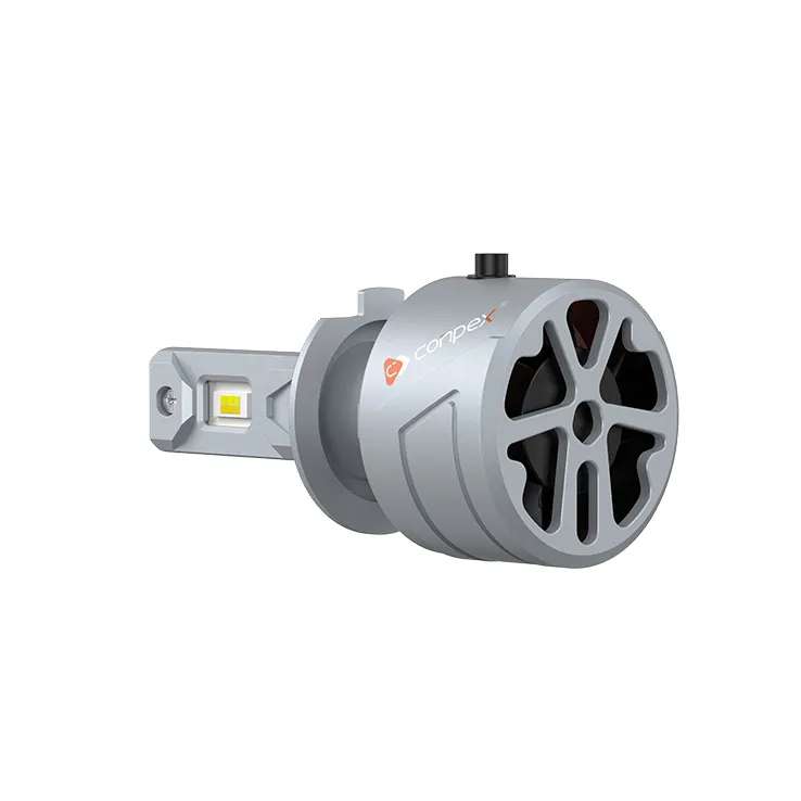 Rear perspective view of the RX8-3S LED bulb, revealing the powerful hydraulic fan that is a key component of its triple cooling system.