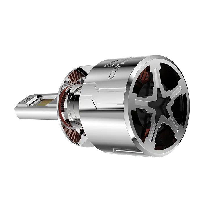 Rear perspective view of the RX10-3S LED bulb, revealing the hydraulic fan housed within the star-patterned chrome heatsink.