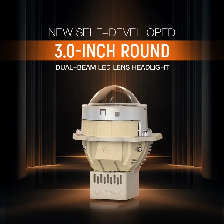 Werbebild des selbst entwickelten OPTILUME Q8 3,0-Zoll runden Dual-Beam LED-Linsenscheinwerfers, der auf einer Bühne präsentiert wird.