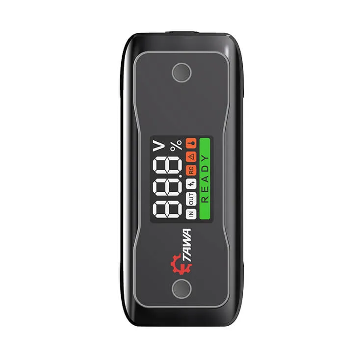 A front view of the K70 jump starter, showing its advanced color LCD screen displaying real-time voltage, battery percentage, and ready status.