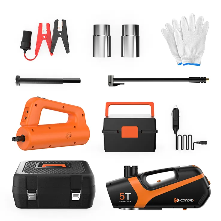 The complete OPTILUME B02-5T emergency car rescue kit, providing everything needed for a roadside tire change: a 5T electric jack, impact wrench, air pump, and safety accessories, all organized in a rugged case.