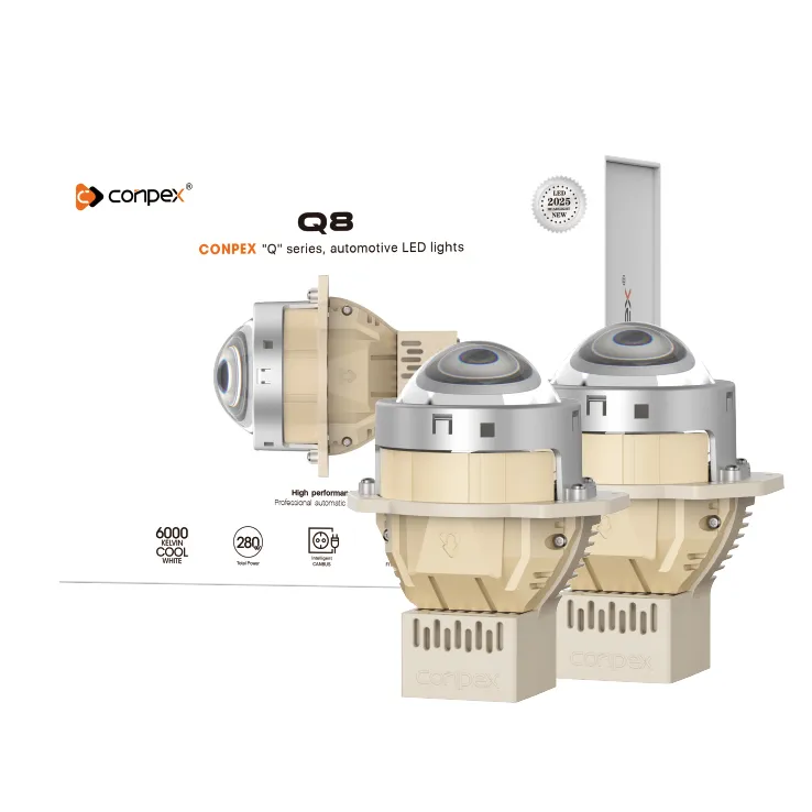 Ein Paar OPTILUME Q8 Bi-LED Projektorlinsen mit 6000K Farbtemperatur, bereit für den Einbau als Scheinwerfer-Upgrade.