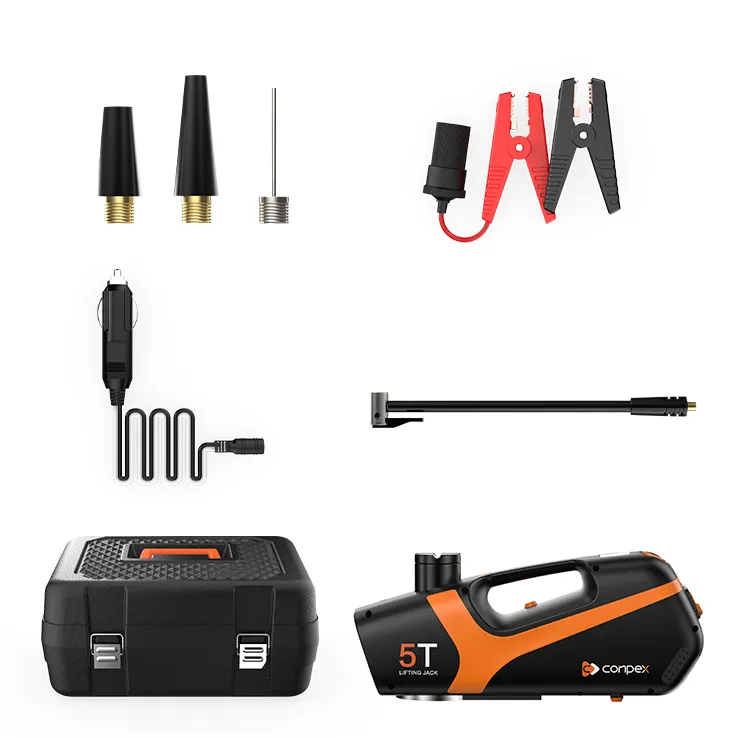 The complete OPTILUME B02-5T emergency car rescue kit, providing everything needed for a roadside tire change: a 5T electric jack, impact wrench, air pump, and safety accessories, all organized in a rugged case.