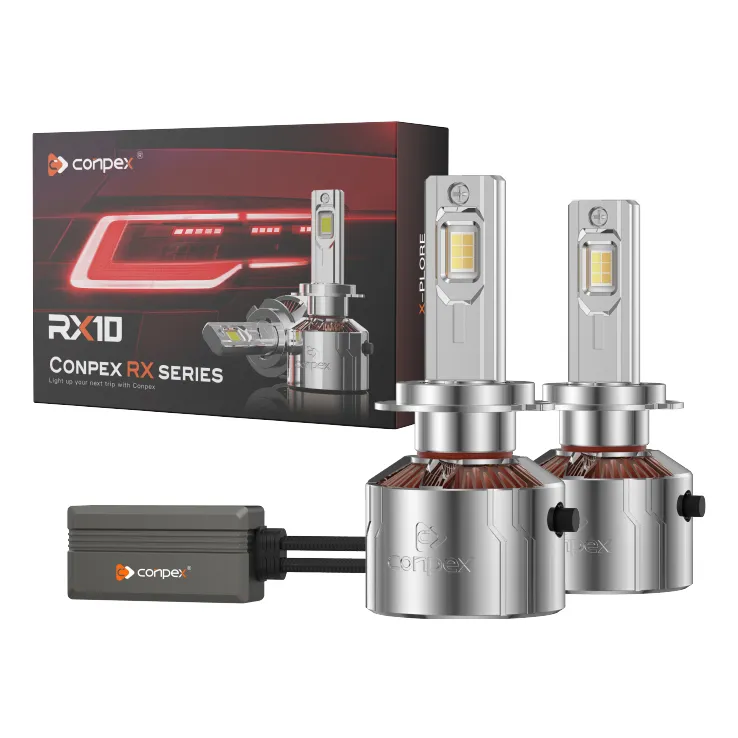 The complete OPTILUME RX Series RX10 LED headlight kit, including a pair of chrome bulbs, an intelligent external driver, and the product box.