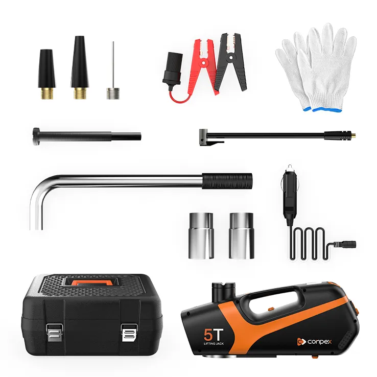 The complete OPTILUME B02-5T emergency car rescue kit, providing everything needed for a roadside tire change: a 5T electric jack, impact wrench, air pump, and safety accessories, all organized in a rugged case.